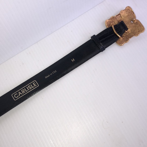 Vintage Carlisle black Lizard Leather belt Medium gold brass buckle USA - Picture 4 of 5